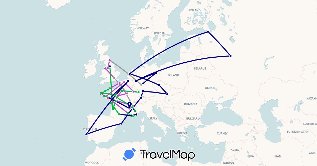 TravelMap itinerary: driving, bus, plane, train in Belgium, Switzerland, Czech Republic, Germany, Spain, France, United Kingdom, Netherlands, Portugal, Russia, Slovakia (Europe)